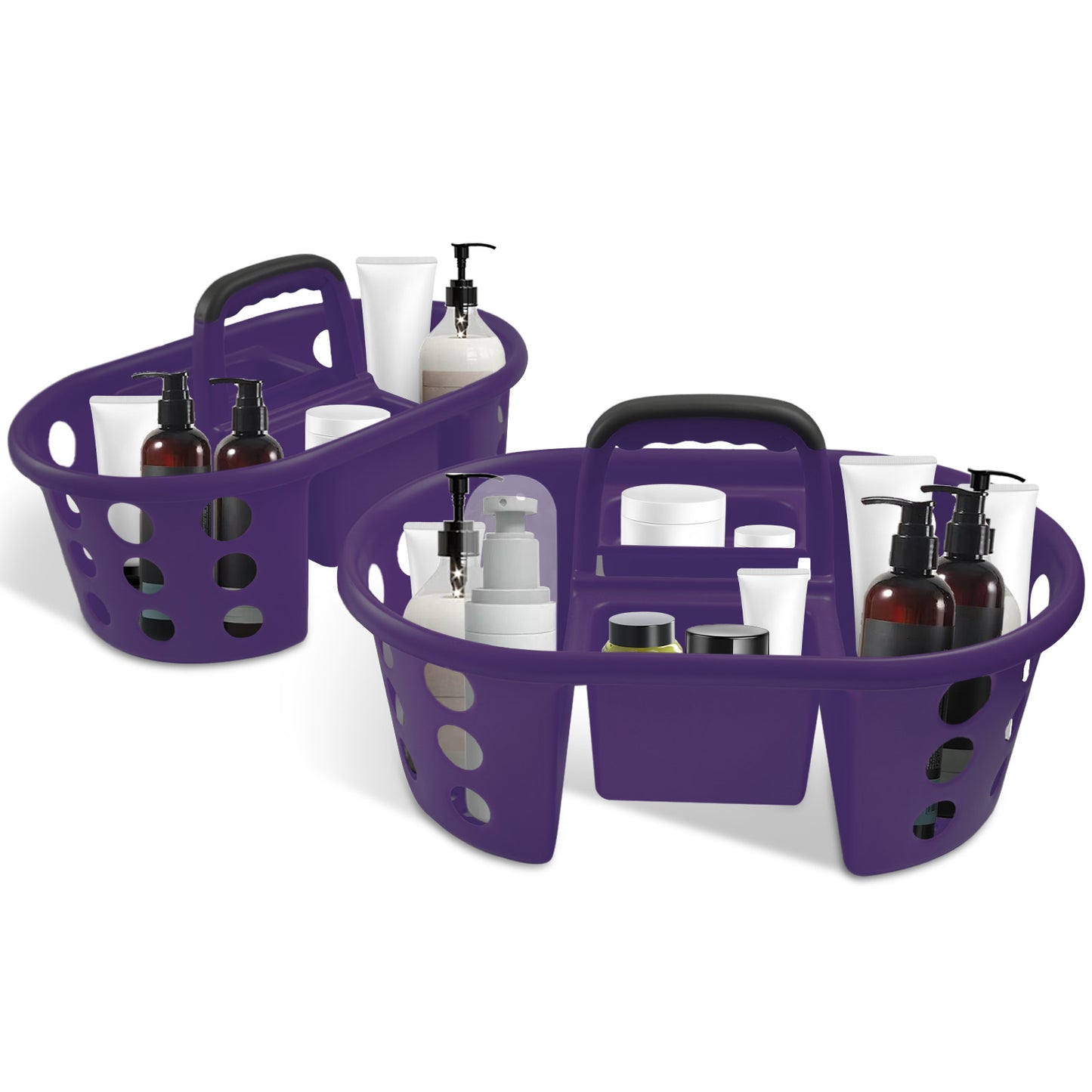Two purple plastic bathroom toiletry organizer baskets with handles, shown on a white background and filled with assorted bottles, tubes, and containers.