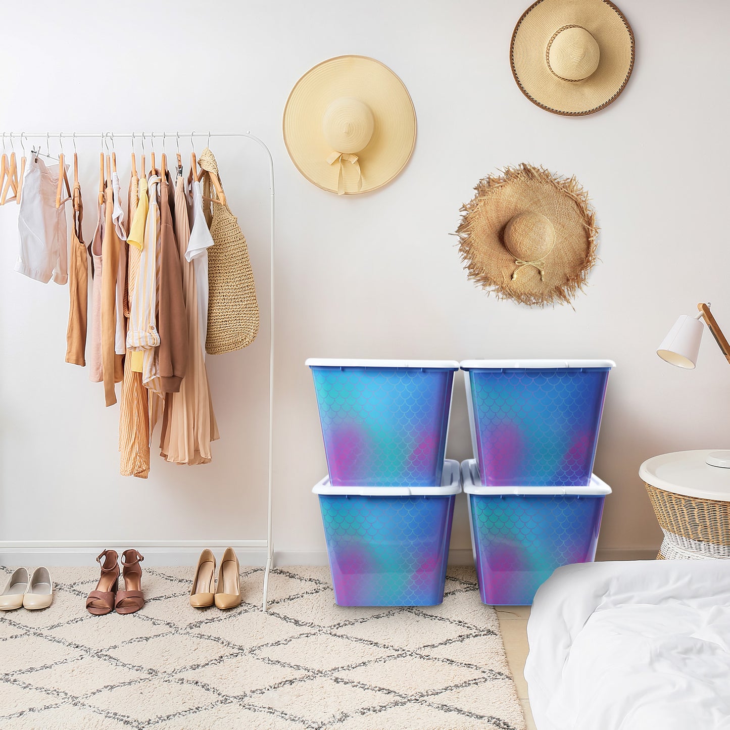 SIMPLYKLEEN 4-Packs 58-QT Plastic Storage Bins with Rainbow Mermaid Print Lids, Stackable Storage Container, Large Storage Totes for Organizing Closet, Dress, Made in the USA