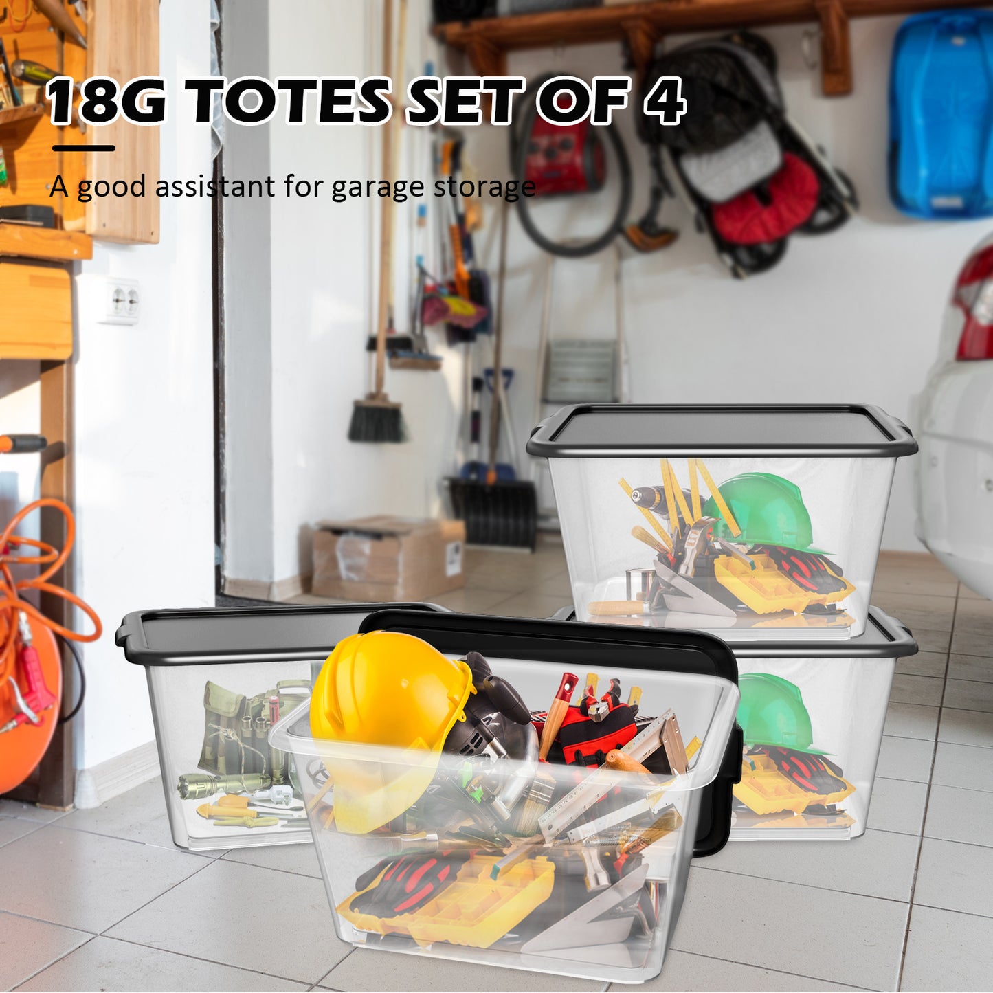 14.5-gal. Reusable Stacking Plastic Storage Containers with Lids, Black/Clear (Pack of 4)