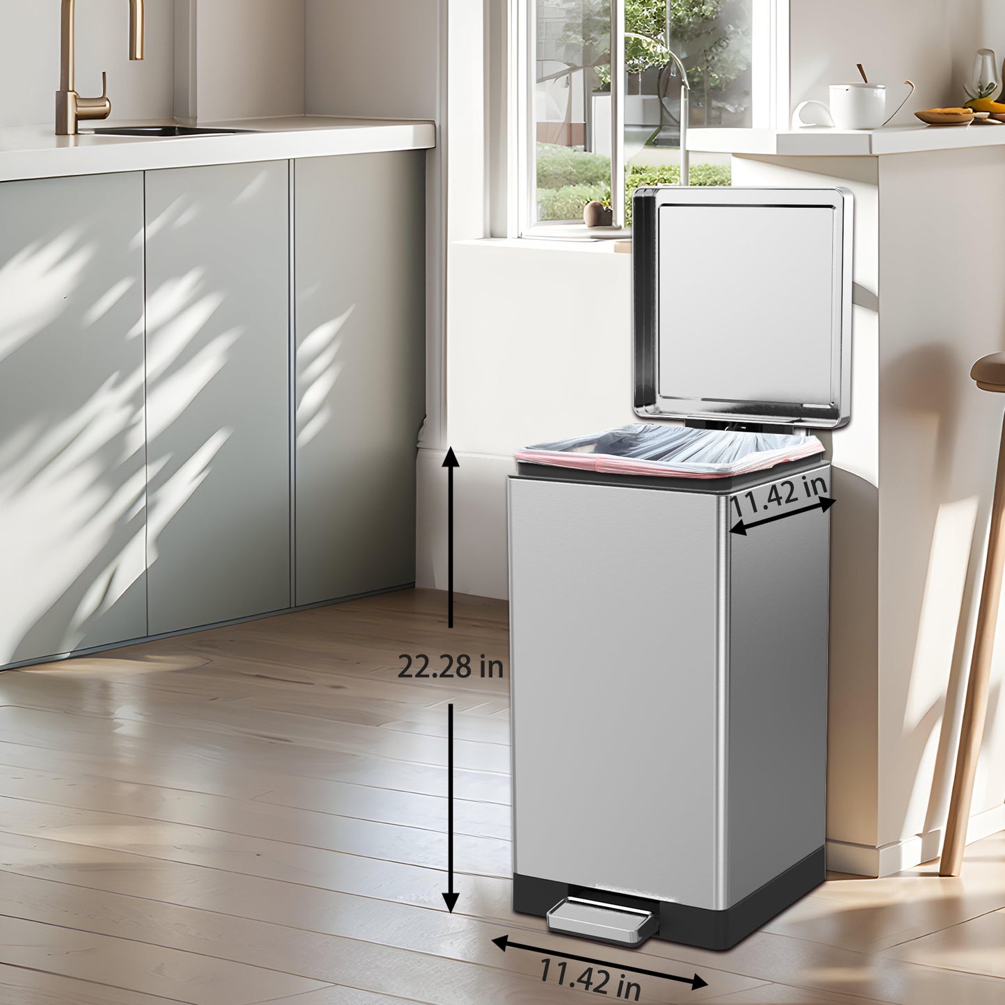 Kleen-Fit 7.9-Gallon 30 Liter Square Trash Can with Stainless Steel Foot Pedal, Heavy-Duty Garbage Can for Kitchen Home Office Living Room