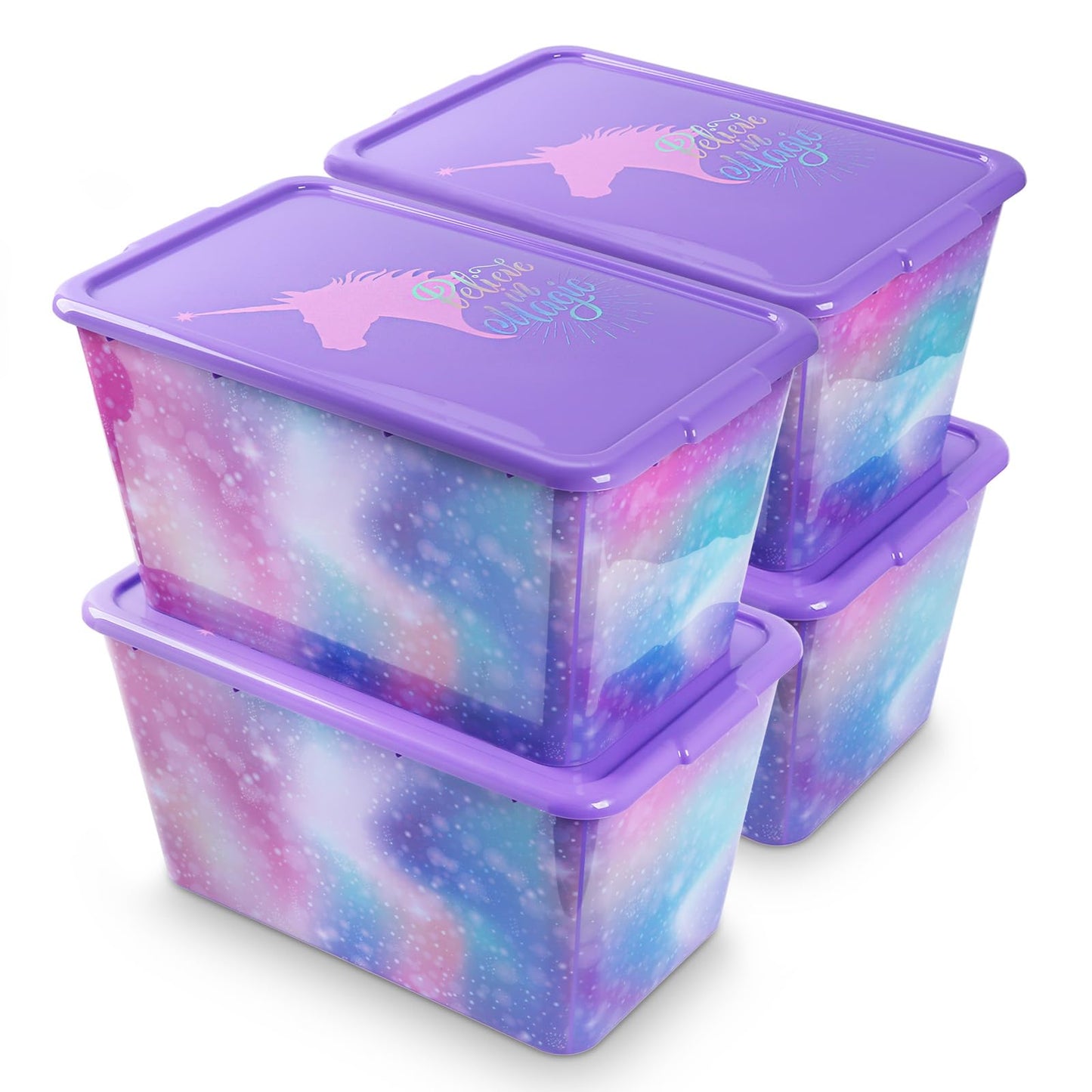 4 Packs 58 QT Plastic Storage Bins with Rainbow Unicorn Print Lids, Stackable Storage Container, Large Storage Box for Organizing Garage, Closet, Made in the USA