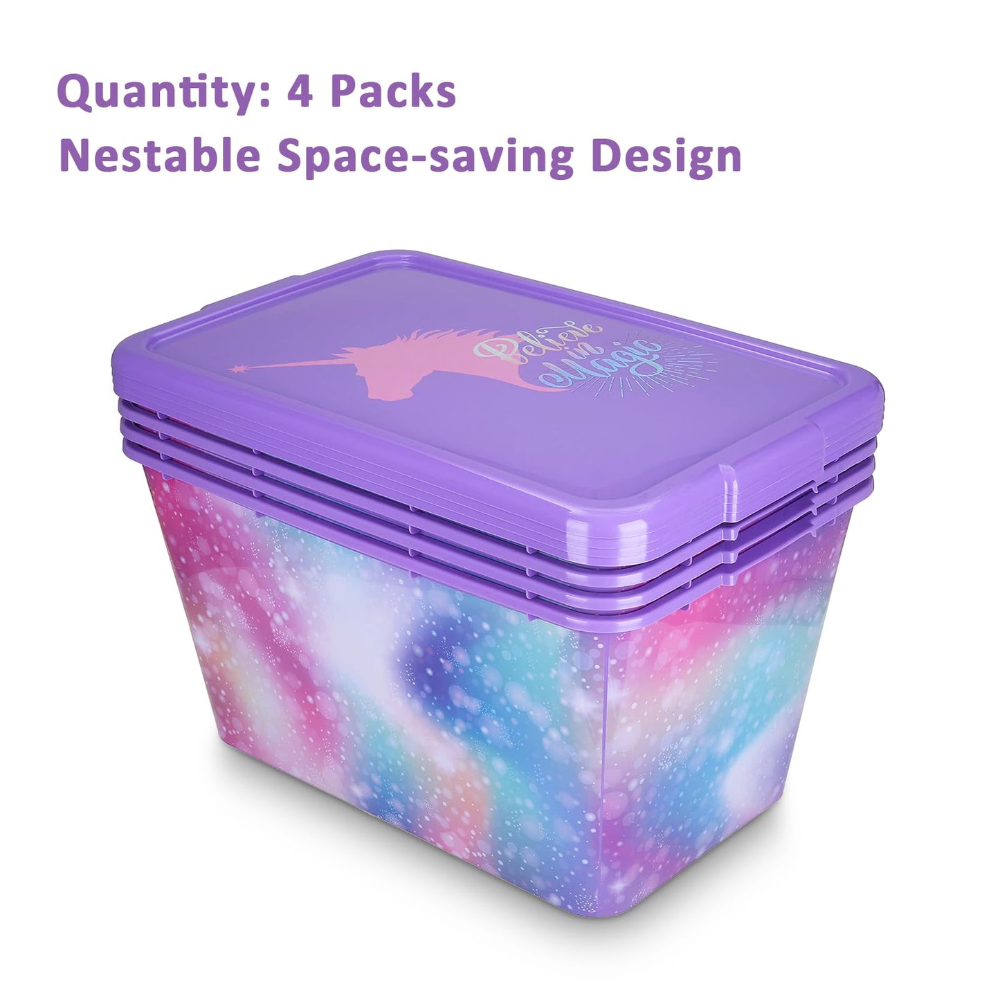 4 Packs 58 QT Plastic Storage Bins with Rainbow Unicorn Print Lids, Stackable Storage Container, Large Storage Box for Organizing Garage, Closet, Made in the USA