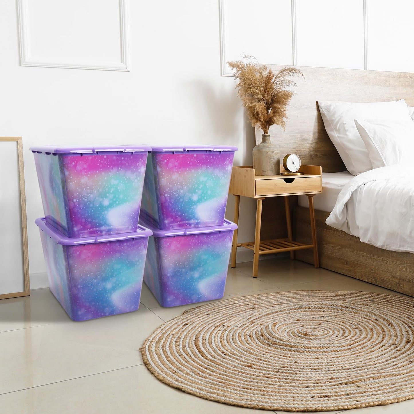 4 Packs 58 QT Plastic Storage Bins with Rainbow Unicorn Print Lids, Stackable Storage Container, Large Storage Box for Organizing Garage, Closet, Made in the USA
