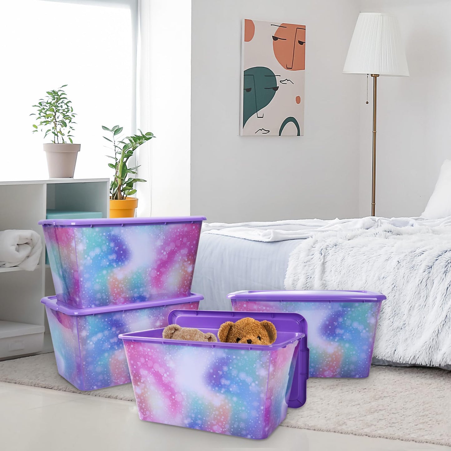 4 Packs 58 QT Plastic Storage Bins with Rainbow Unicorn Print Lids, Stackable Storage Container, Large Storage Box for Organizing Garage, Closet, Made in the USA
