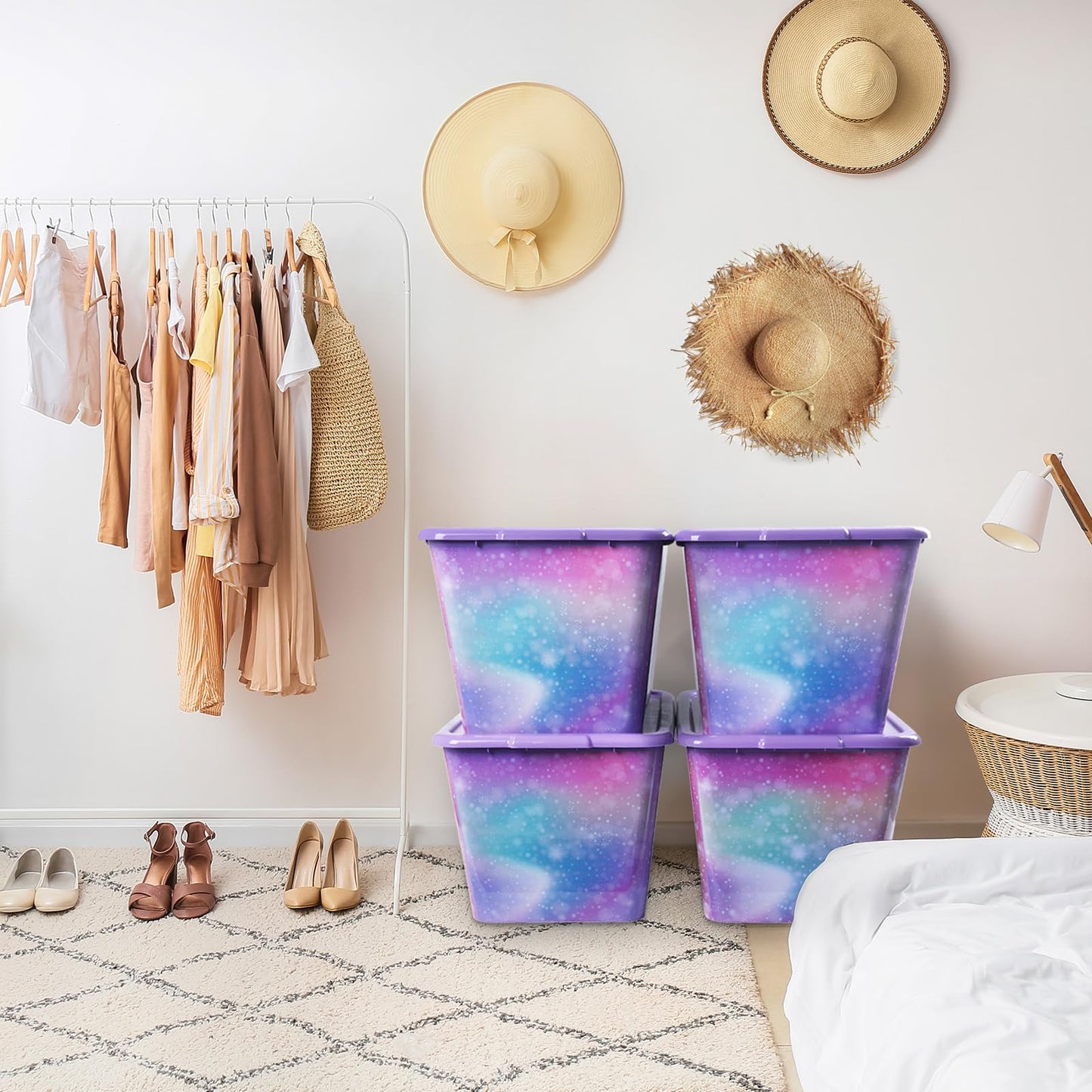 4 Packs 58 QT Plastic Storage Bins with Rainbow Unicorn Print Lids, Stackable Storage Container, Large Storage Box for Organizing Garage, Closet, Made in the USA