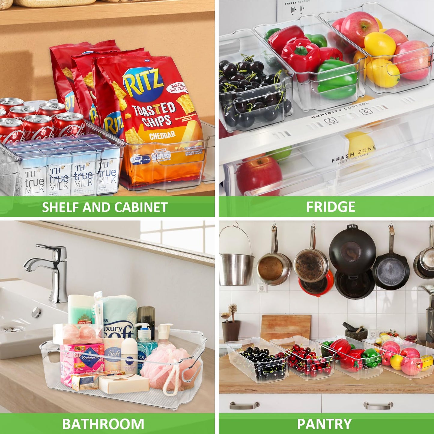 Fridge Organizer Bins Set of 8, Refrigerator Organizing Bins with Two Sizes, Home Kitchen Pantry Organizers and Storage Containers, Stackable Clear Plastic Storage Bin