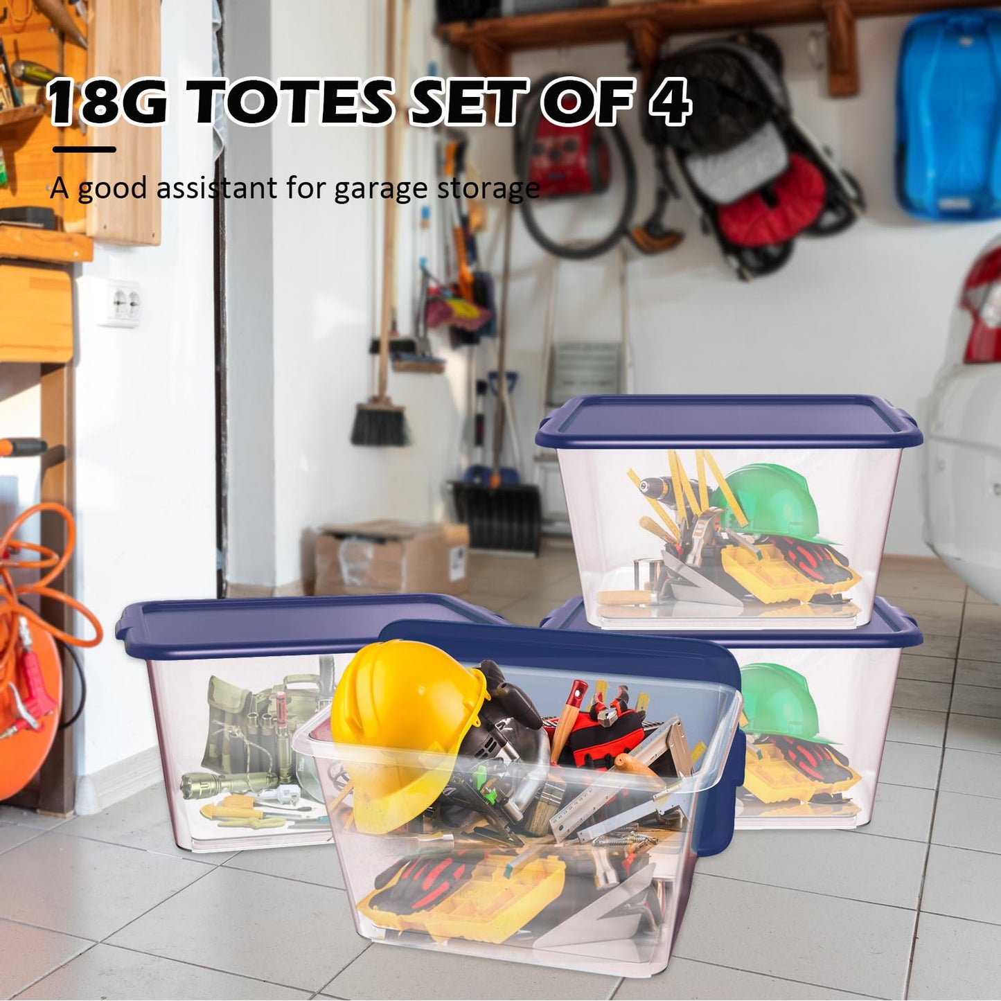 Simplykleen-14.5gal. Reusable Stacking Plastic Storage Containers with Lids, Navy Blue/Clear (Pack of 4)