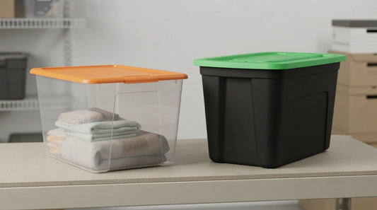 SimplyKleen 58-quart clear storage bin beside a 72-quart storage tote