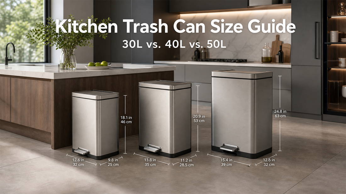 30L, 40L and 50L kitchen trash cans shown in a modern kitchen for size comparison