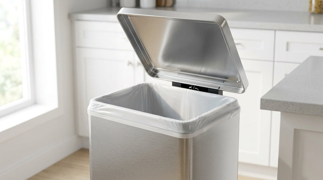 Kitchen trash can with a clean liner fitted evenly around the rim
