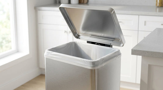 Kitchen trash can with a clean liner fitted evenly around the rim