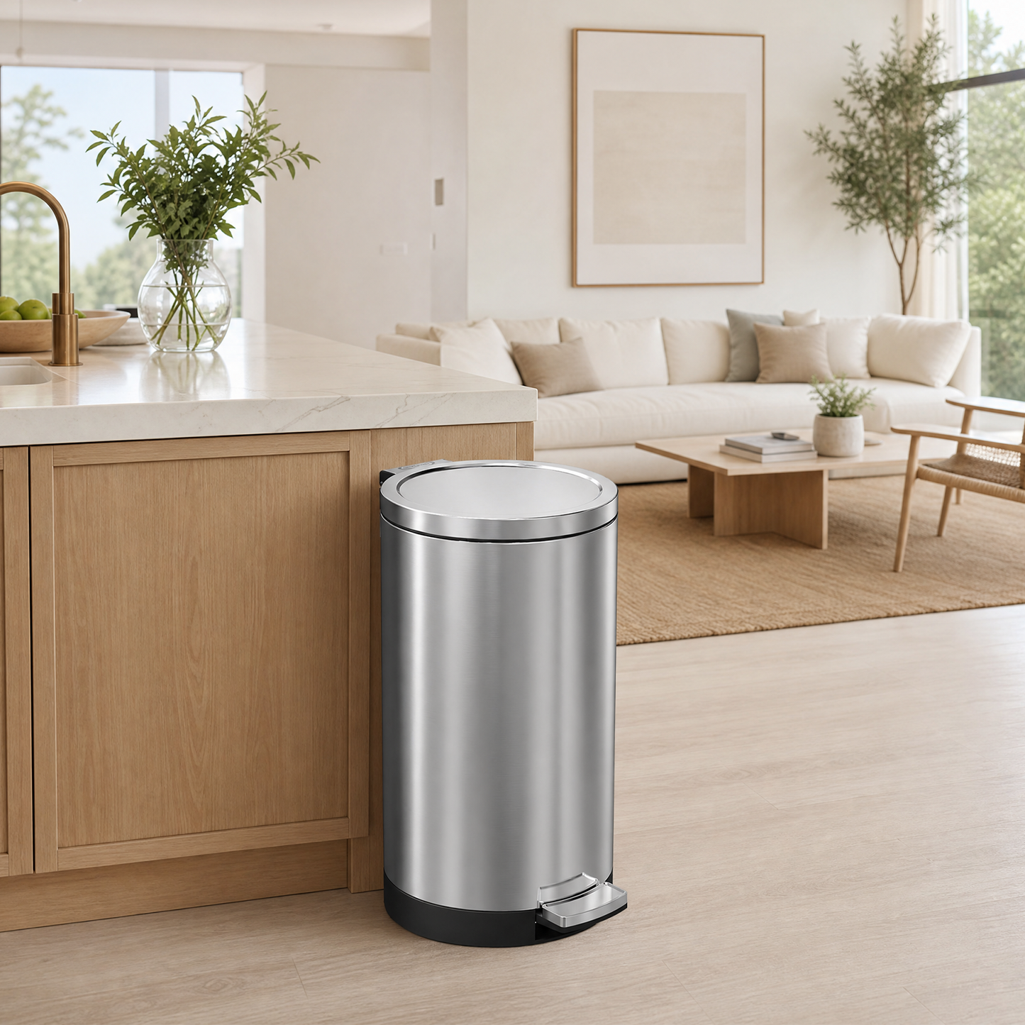 A stainless steel cylindrical trash can with a brushed metal finish, a white lid, and a black base with a foot pedal, shown in a bright modern kitchen/living room setting.