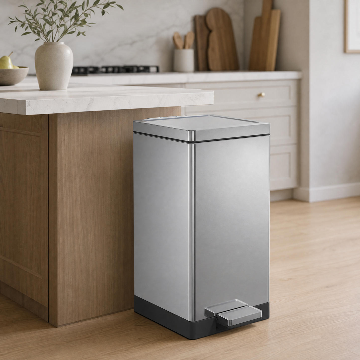Kleen-Fit 7.9-Gallon 30 Liter Square Trash Can with Stainless Steel Foot Pedal, Heavy-Duty Garbage Can for Kitchen Home Office Living Room