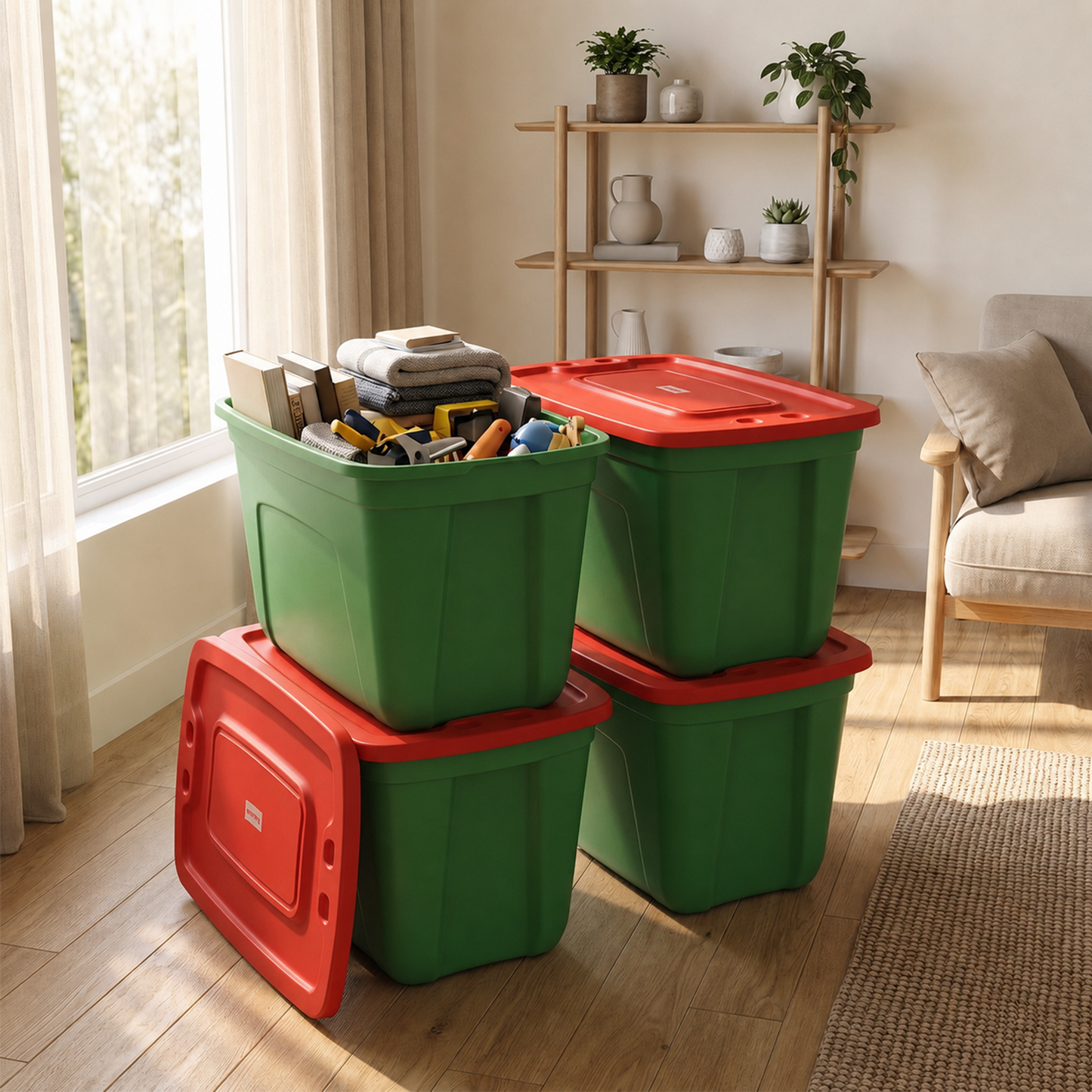 Simplykleen-4-Pack Christmas Storage Totes with Lids (Red/Green), 18-Gallon (72-Quart) Organization Bins, 25.50" x 17.00" x 15.25", Holiday Organizer, Plastic Storage Container Nearly Unbreakable  Made in the USA