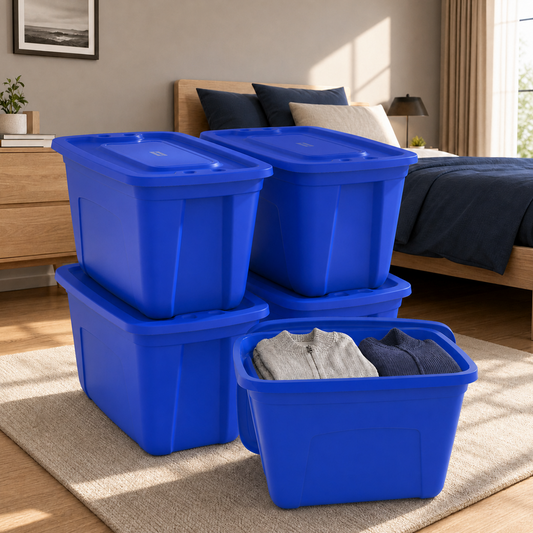 18Gal 72Qt Plastic Storage Containers Bins with Lids, Stackable Storage Bins, Nestable Organizer, Plastic Storage Totes for Christmas Holiday, Made in the USA (Blue, 4 Packs)