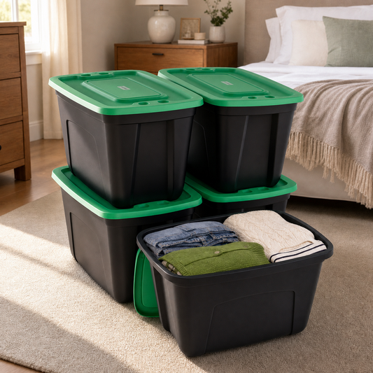 SIMPLYKLEEN 4-Pack 18 Gallon Storage Totes with Lids, Heavy-Duty Stackable Plastic Storage Bins, Black Body with Green Lids