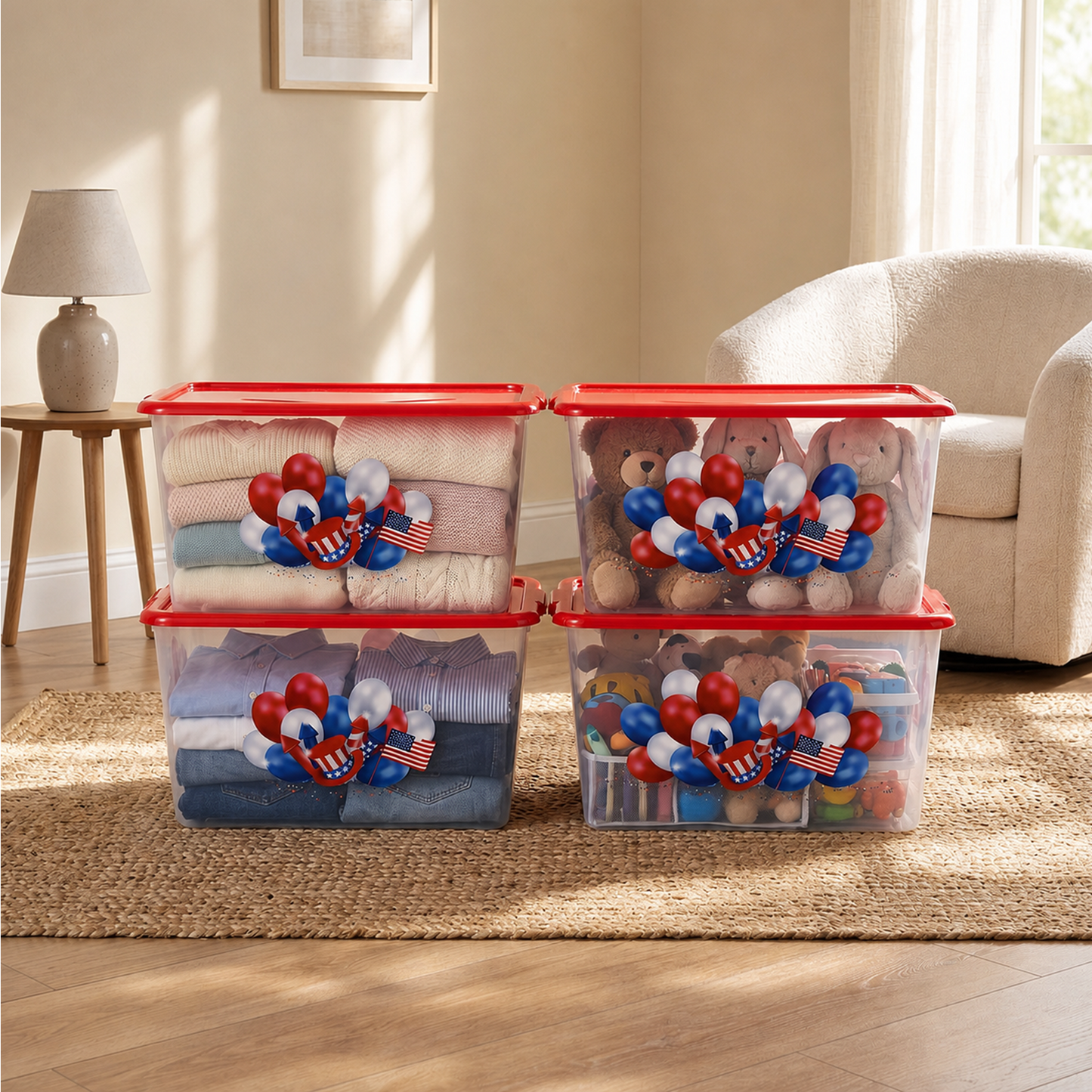 Simplykleen-14.5gal. USA 4th of July Storage Containers with Lids, Reusable Stacking Holiday Plastic Totes (Pack of 4) Made in the USA