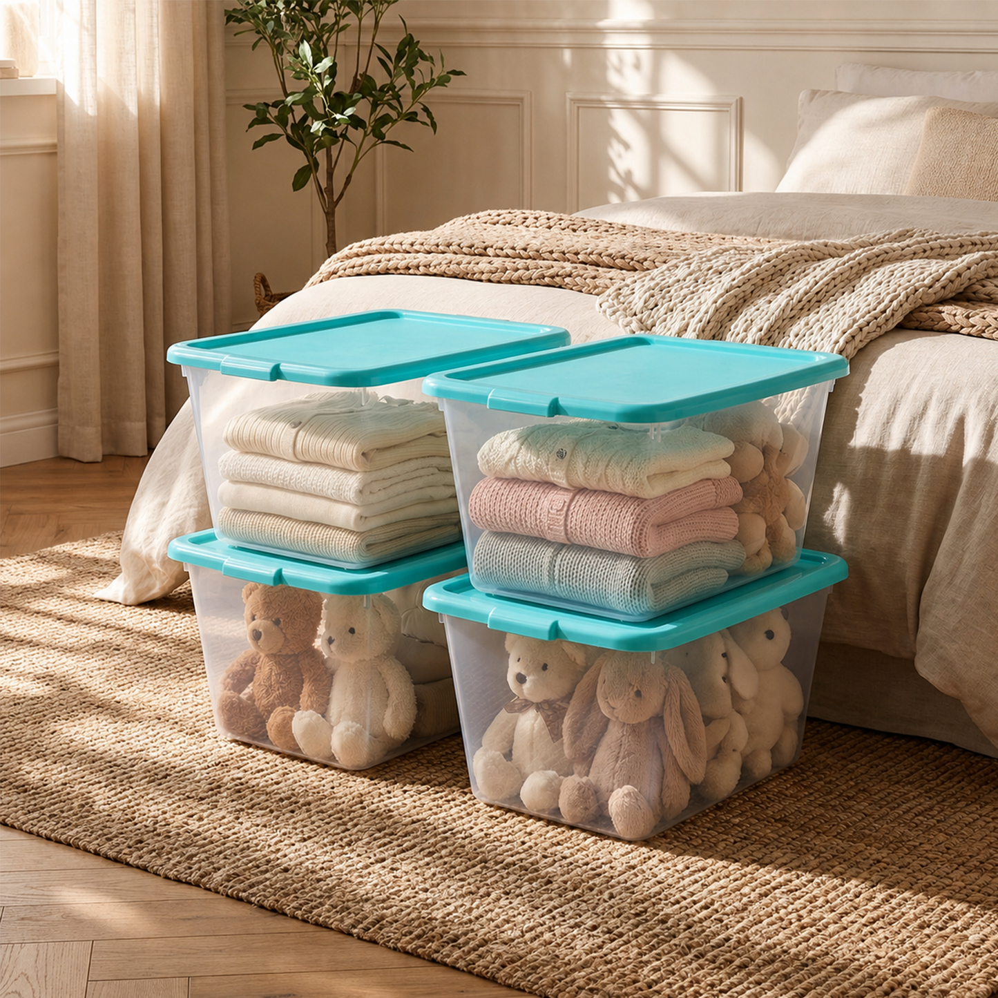 Simplekleen-14.5gal. Reusable Stacking Plastic Storage Containers with Lids, Aquamarine/Clear (Pack of 4)