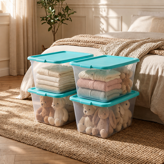 Simplekleen-14.5gal. Reusable Stacking Plastic Storage Containers with Lids, Aquamarine/Clear (Pack of 4)
