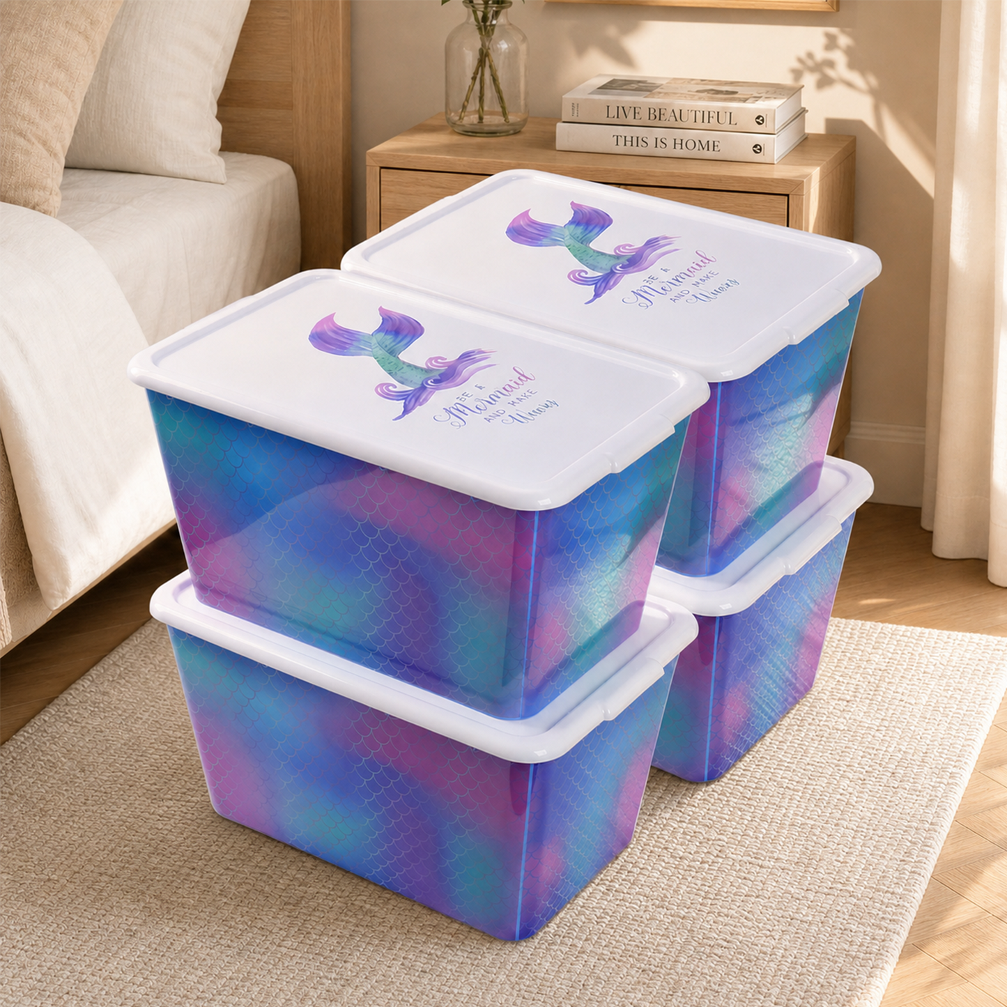 SIMPLYKLEEN 4-Packs 58-QT Plastic Storage Bins with Rainbow Mermaid Print Lids, Stackable Storage Container, Large Storage Totes for Organizing Closet, Dress, Made in the USA