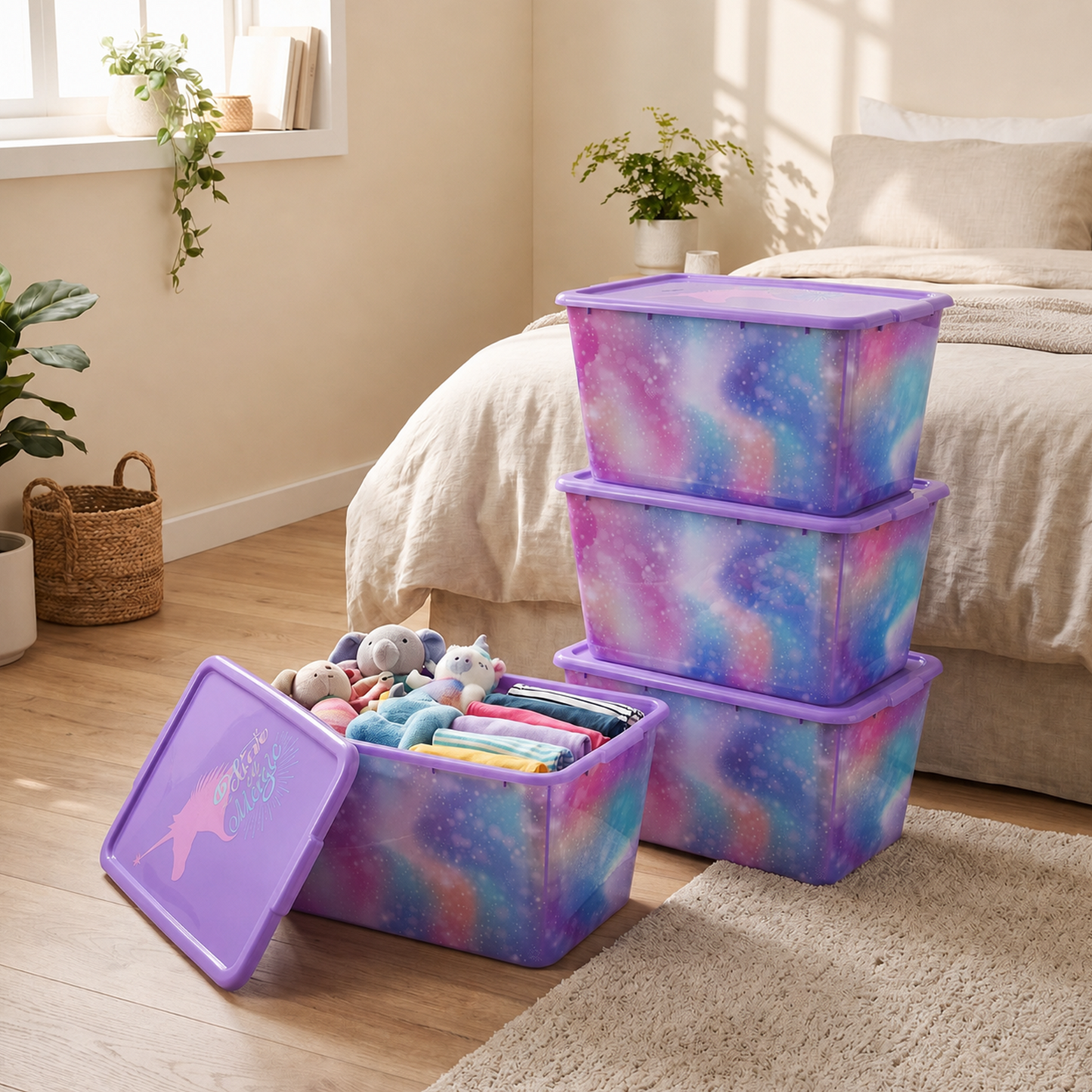 4 Packs 58 QT Plastic Storage Bins with Rainbow Unicorn Print Lids, Stackable Storage Container, Large Storage Box for Organizing Garage, Closet, Made in the USA