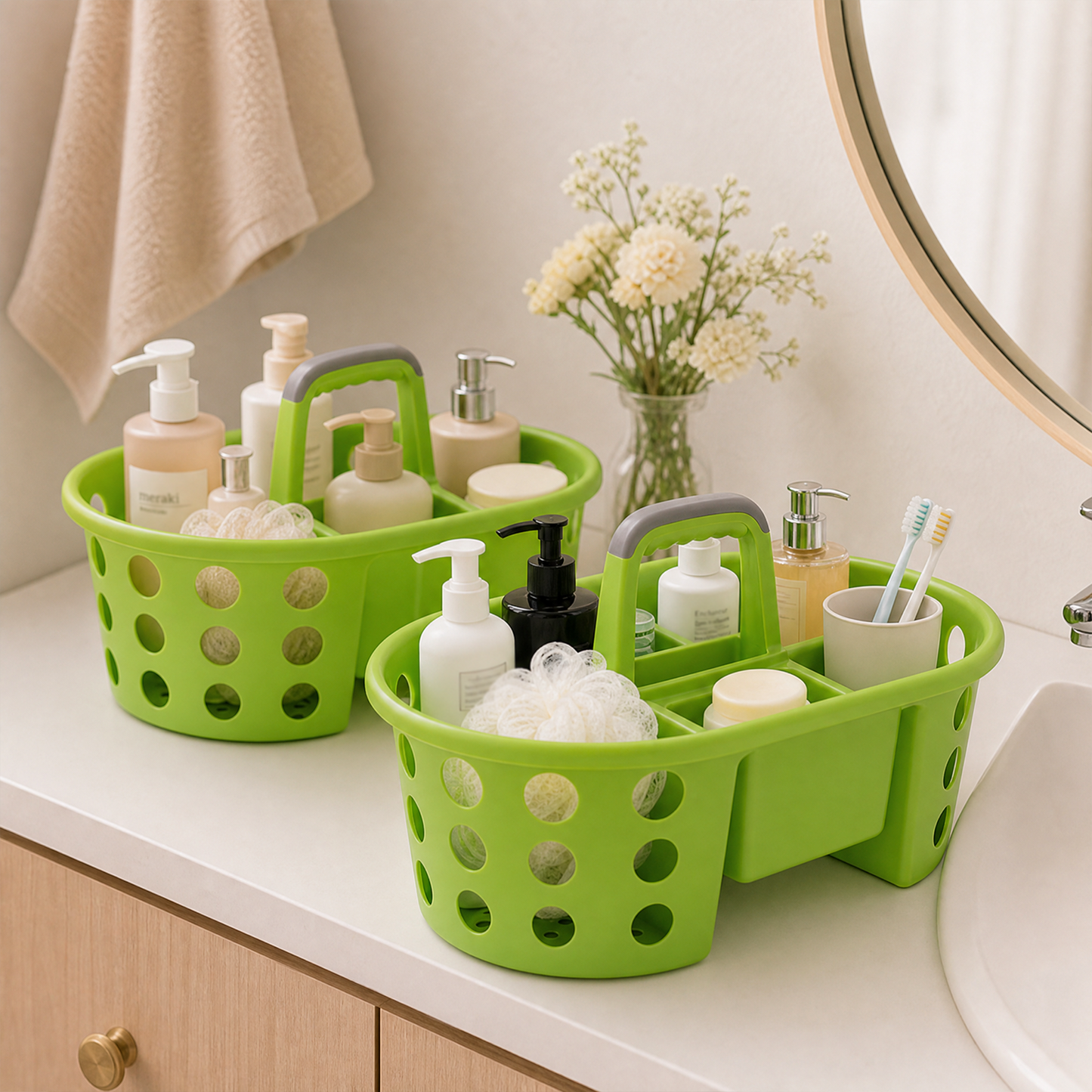 Shower Caddy with Handle 2-Pack Plastic Bathroom Storage Organizer, Green Made in the USA