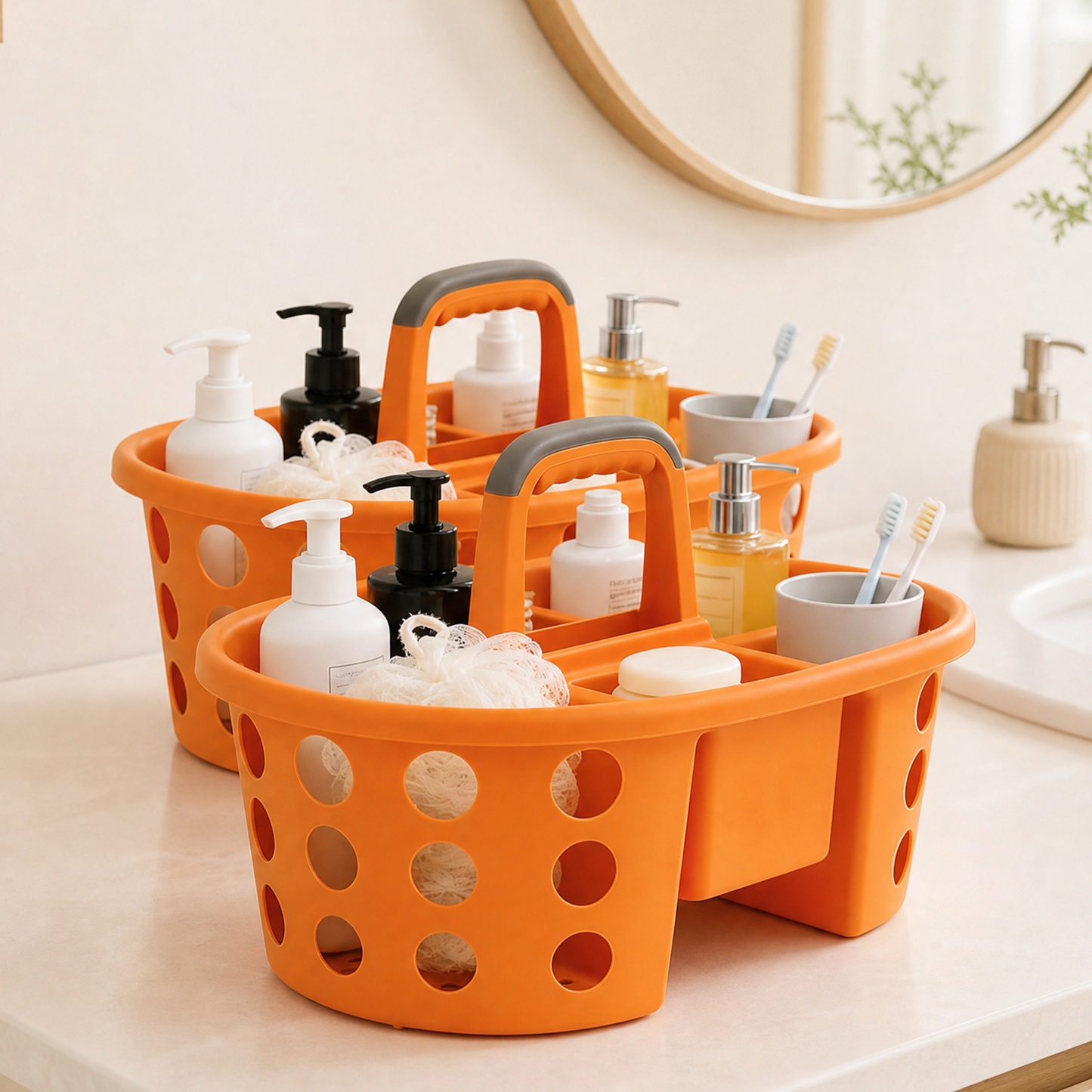 2-Pack Shower Caddy Basket Plastic Bath Caddy Organizer, Portable Divided Cleaning Supply Storage Organizer with Handle for College Dorm Bathroom - Orange, Made in the USA
