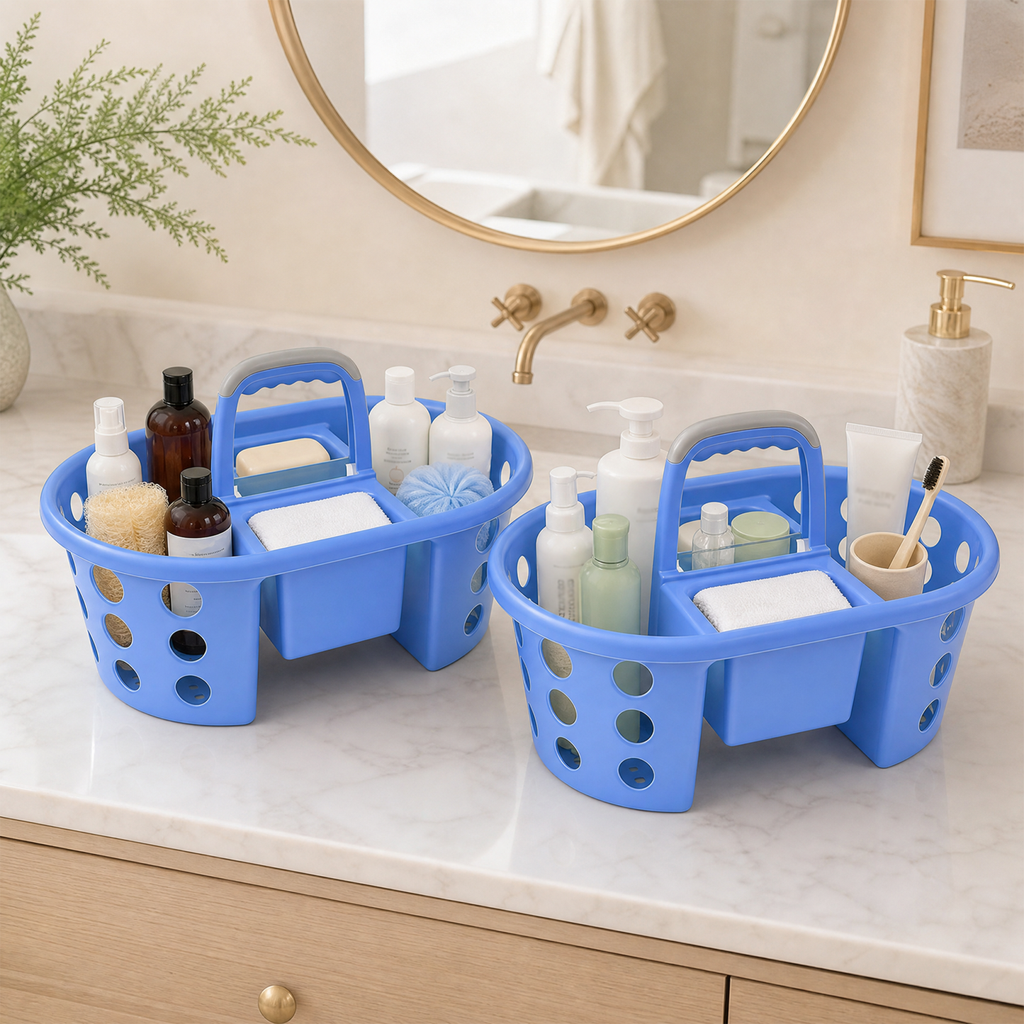 SIMPLYKLEEN 2-Pack Shower Caddy Basket Plastic Bath Caddy Organizer, Portable Divided Cleaning Supply Storage Organizer with Handle for College Dorm Bathroom - Green, Made in the USA