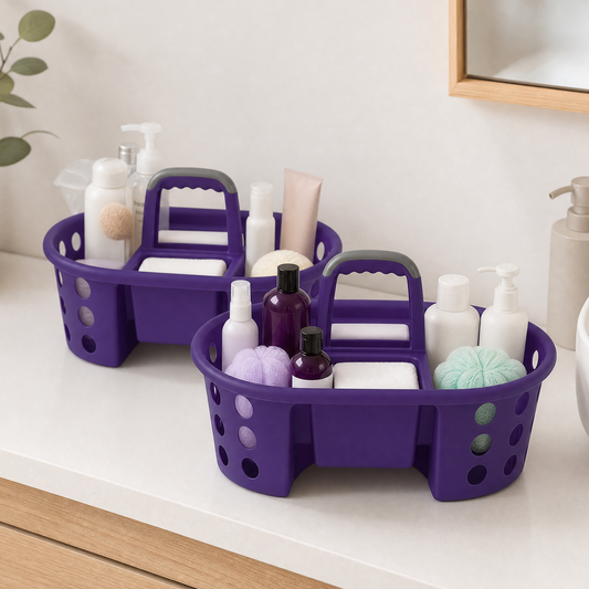 SimplyKleen Large Portable Storage Caddies, 2-Pack Purple Plastic Storage Baskets with Handles for Home, Kitchen, Bathroom & Dorm