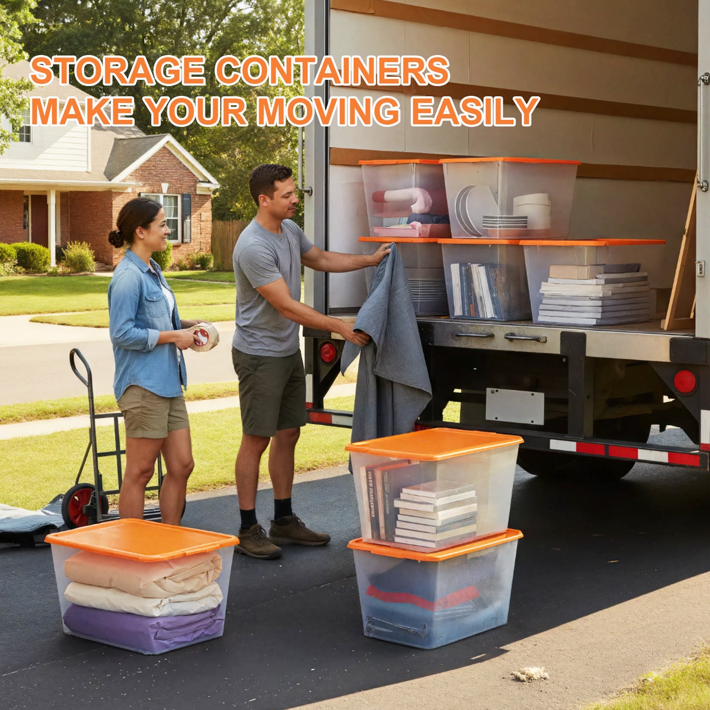 SimplyKleen 4-Pack 14.5 Gallon Clear Plastic Storage Bins with Orange Lids, Stackable Storage Totes for Garage, Closet, Basement, Moving & Home Organization
