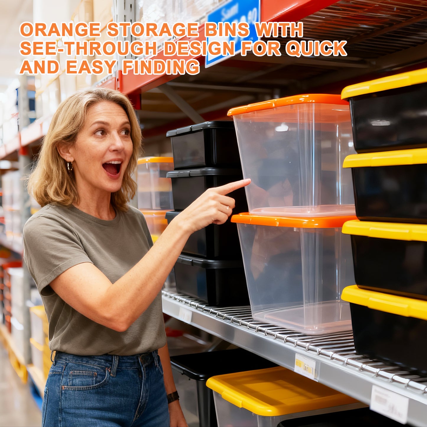 SimplyKleen 4-Pack 14.5 Gallon Clear Plastic Storage Bins with Orange Lids, Stackable Storage Totes for Garage, Closet, Basement, Moving & Home Organization