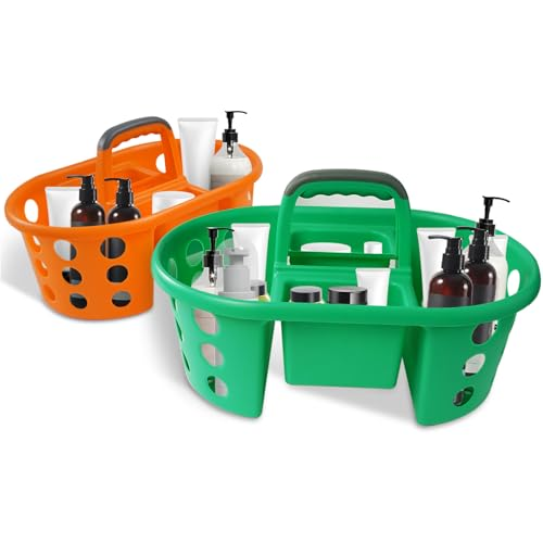 Two plastic caddy baskets, one orange and one green, shown on a white background with toiletry bottles and containers placed inside.