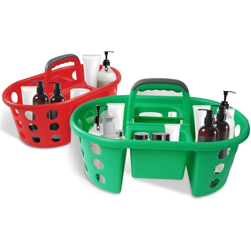 Two plastic caddy baskets, one red and one green, shown on a white background with toiletry bottles and containers placed inside.