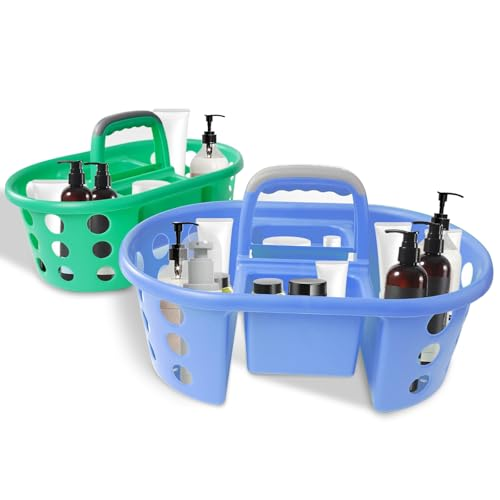 Two plastic caddy baskets, one blue and one green, shown on a white background. The blue basket is in the foreground and contains several cosmetic bottles and pump dispensers, while the green basket is behind it and empty.