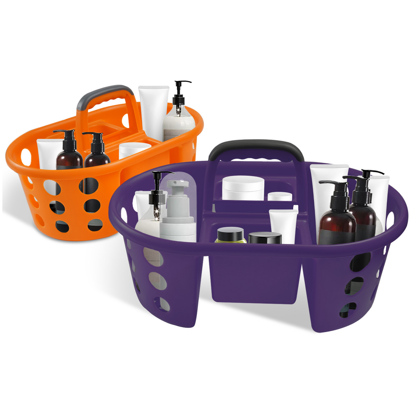 Two plastic bathroom or vanity organizer baskets shown on a white studio background, one orange and one purple, each filled with toiletry bottles, tubes, and jars.