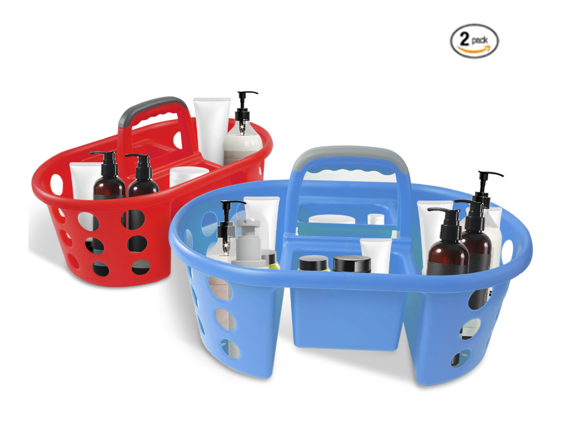 Two plastic toiletry organizer baskets shown on a white background, one red and one blue, each holding assorted bottles and containers. A small '2 pack' badge appears in the top right corner.