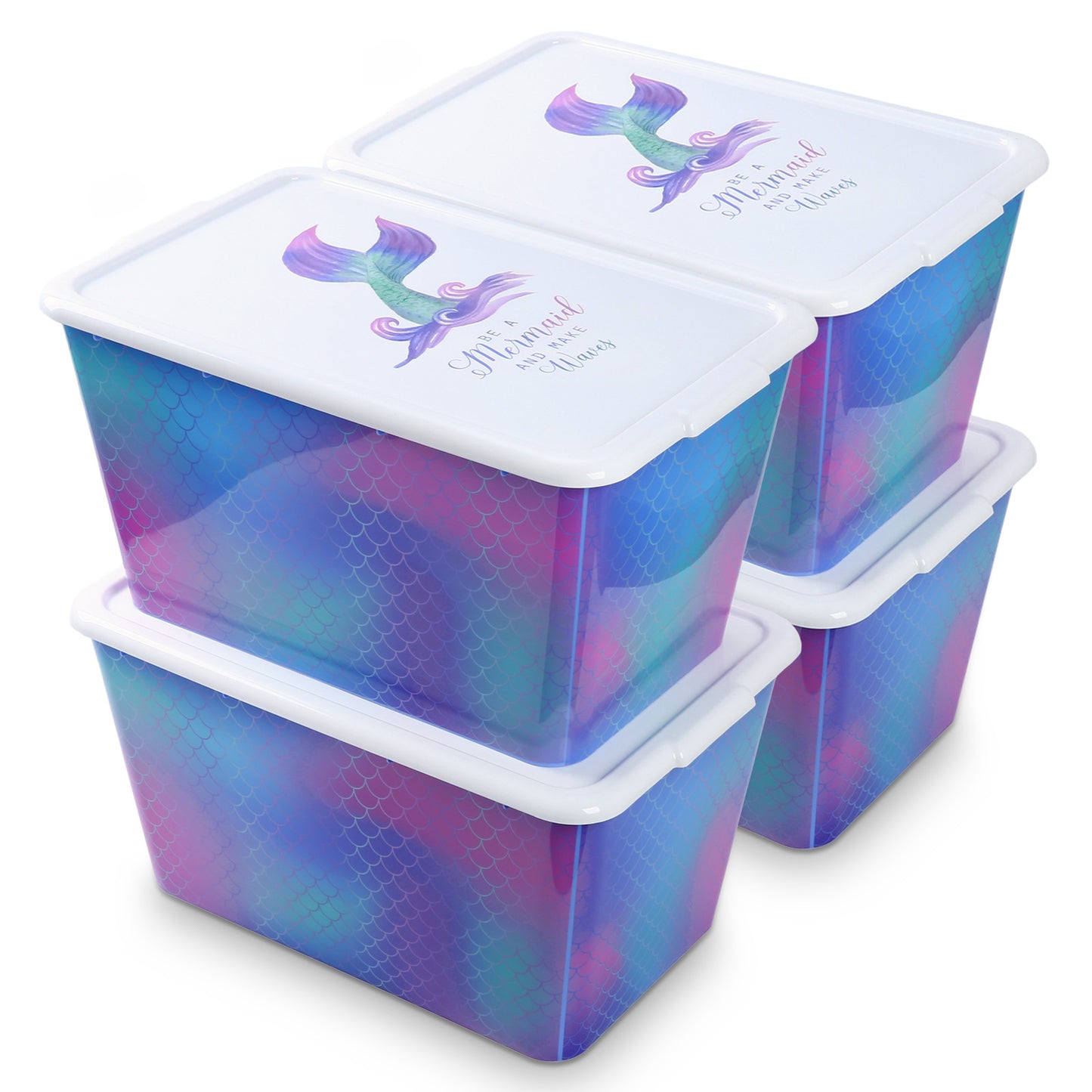 SIMPLYKLEEN 4-Packs 58-QT Plastic Storage Bins with Rainbow Mermaid Print Lids, Stackable Storage Container, Large Storage Totes for Organizing Closet, Dress, Made in the USA