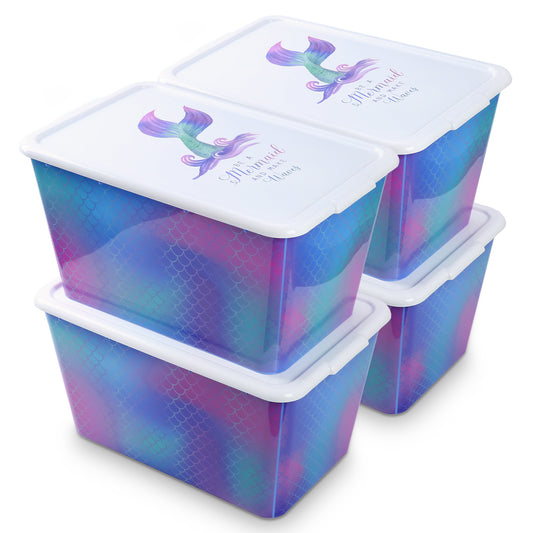 SIMPLYKLEEN 4-Packs 58-QT Plastic Storage Bins with Rainbow Mermaid Print Lids, Stackable Storage Container, Large Storage Totes for Organizing Closet, Dress, Made in the USA