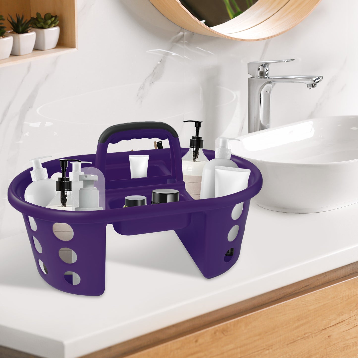 SimplyKleen Large Portable Storage Caddies, 2-Pack Purple Plastic Storage Baskets with Handles for Home, Kitchen, Bathroom & Dorm