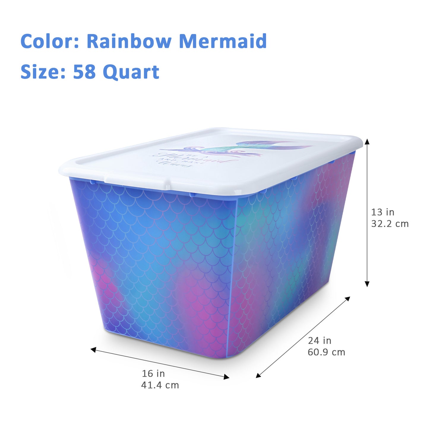 SIMPLYKLEEN 4-Packs 58-QT Plastic Storage Bins with Rainbow Mermaid Print Lids, Stackable Storage Container, Large Storage Totes for Organizing Closet, Dress, Made in the USA