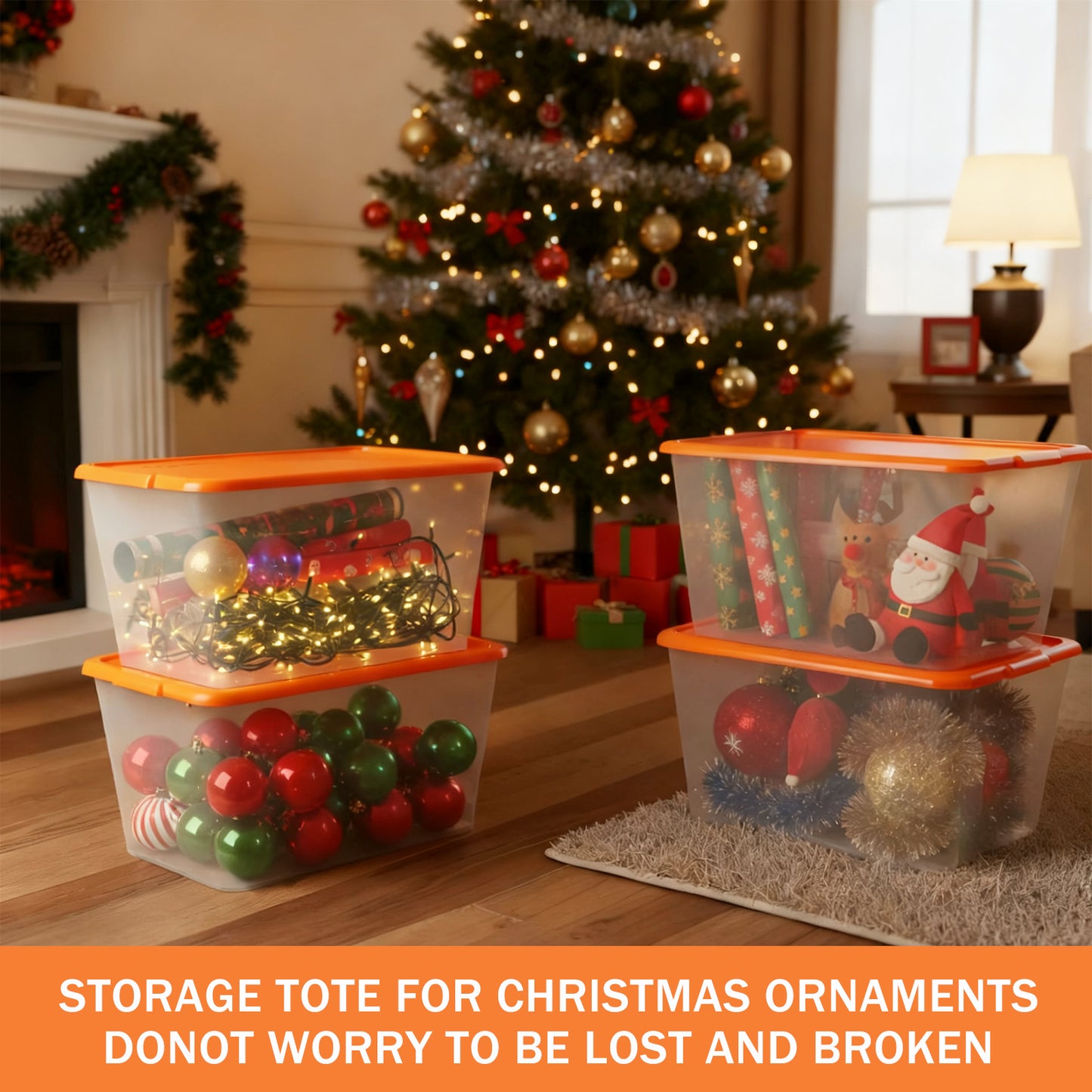 SimplyKleen 4-Pack 14.5 Gallon Clear Plastic Storage Bins with Orange Lids, Stackable Storage Totes for Garage, Closet, Basement, Moving & Home Organization