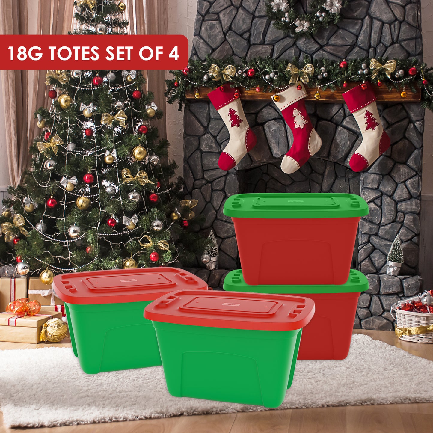 Simplykleen-4-Pack Christmas Storage Totes with Lids (Red/Green), 18-Gallon (72-Quart) Organization Bins, 25.50" x 17.00" x 15.25", Holiday Organizer, Plastic Storage Container Nearly Unbreakable  Made in the USA
