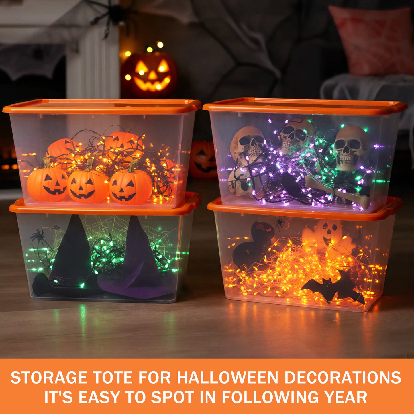 SimplyKleen 4-Pack 14.5 Gallon Clear Plastic Storage Bins with Orange Lids, Stackable Storage Totes for Garage, Closet, Basement, Moving & Home Organization
