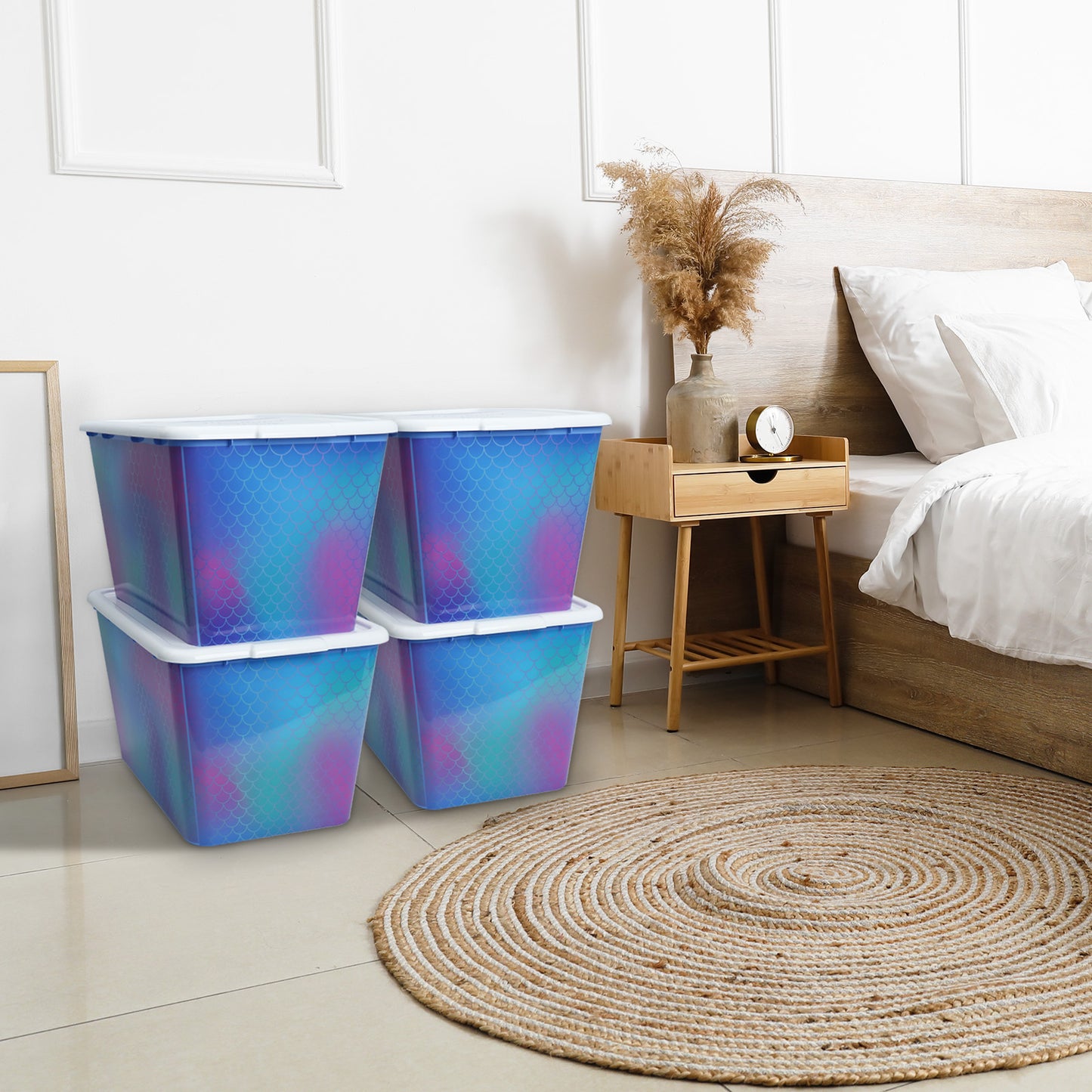 SIMPLYKLEEN 4-Packs 58-QT Plastic Storage Bins with Rainbow Mermaid Print Lids, Stackable Storage Container, Large Storage Totes for Organizing Closet, Dress, Made in the USA