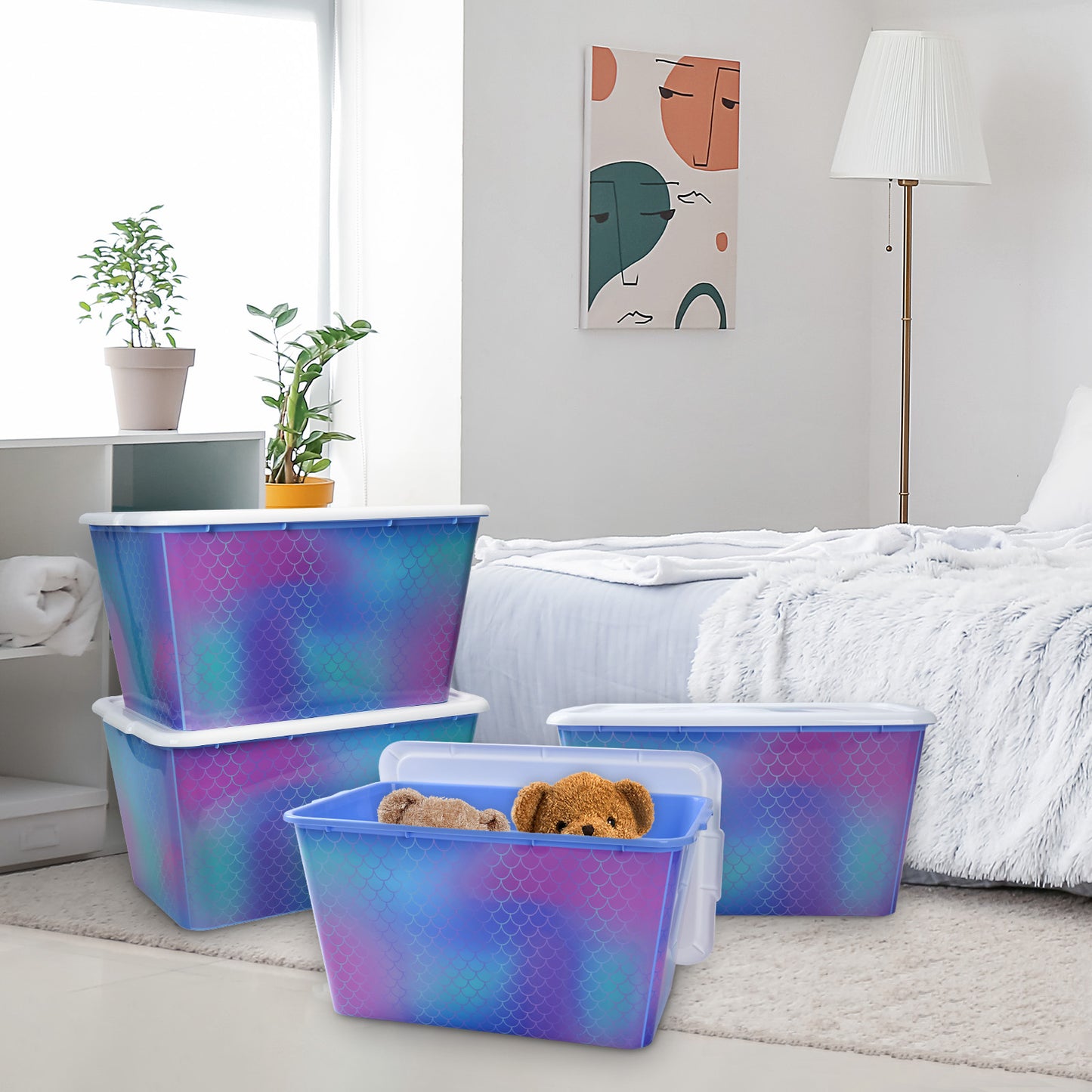 SIMPLYKLEEN 4-Packs 58-QT Plastic Storage Bins with Rainbow Mermaid Print Lids, Stackable Storage Container, Large Storage Totes for Organizing Closet, Dress, Made in the USA