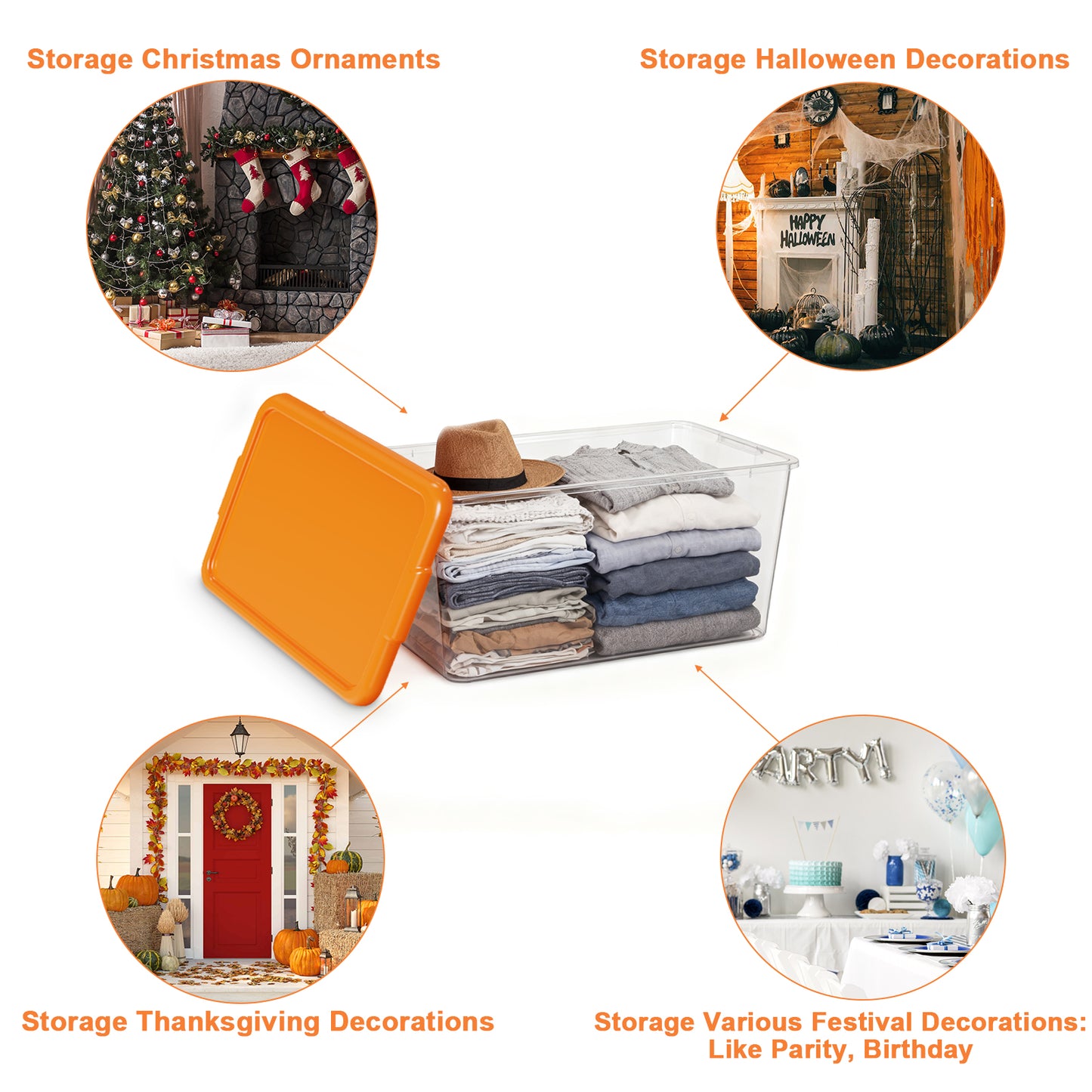 SimplyKleen 4-Pack 14.5 Gallon Clear Plastic Storage Bins with Orange Lids, Stackable Storage Totes for Garage, Closet, Basement, Moving & Home Organization