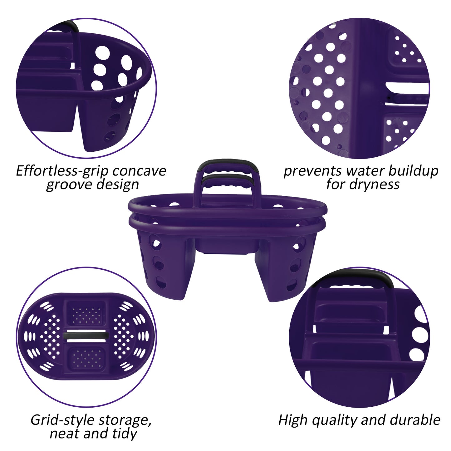 SimplyKleen Large Portable Storage Caddies, 2-Pack Purple Plastic Storage Baskets with Handles for Home, Kitchen, Bathroom & Dorm
