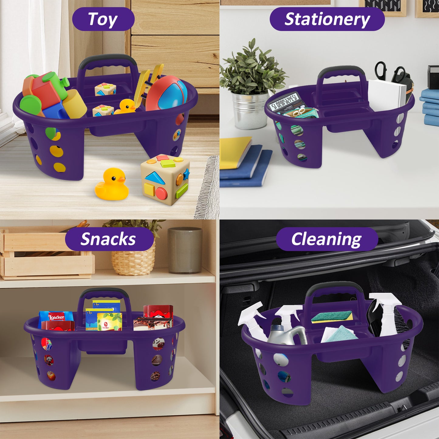 SimplyKleen Large Portable Storage Caddies, 2-Pack Purple Plastic Storage Baskets with Handles for Home, Kitchen, Bathroom & Dorm