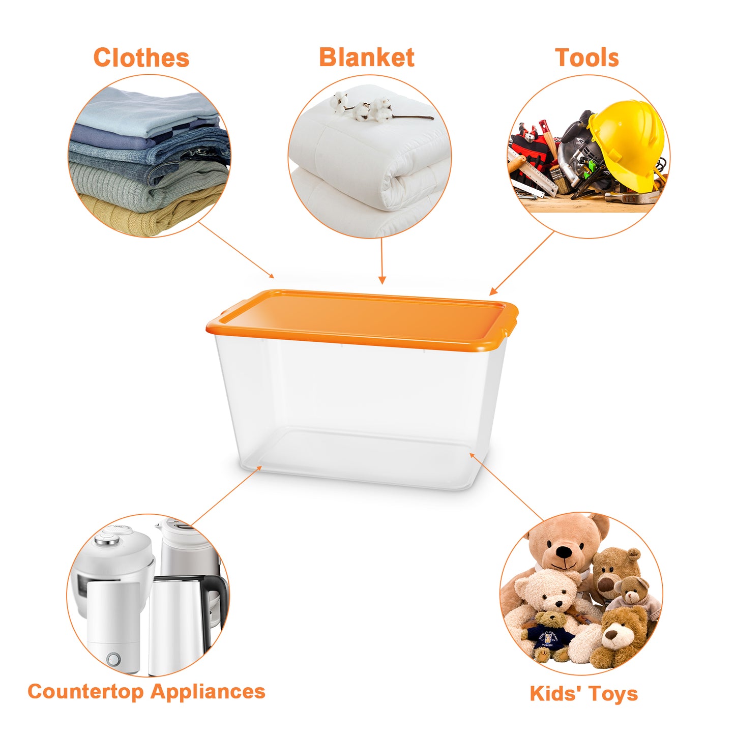 SimplyKleen 4-Pack 14.5 Gallon Clear Plastic Storage Bins with Orange Lids, Stackable Storage Totes for Garage, Closet, Basement, Moving & Home Organization
