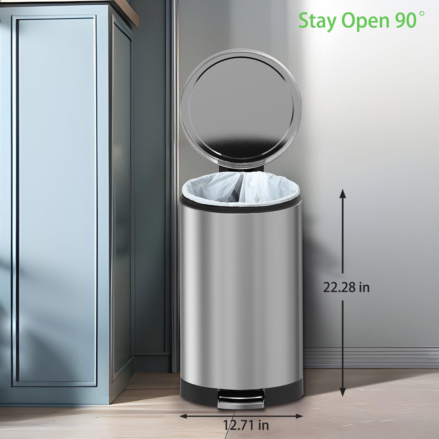 SimplyKleen Kleen-Fit 30L Round Stainless Steel Step Trash Can with Soft-Close Lid for Kitchen, Office & Home